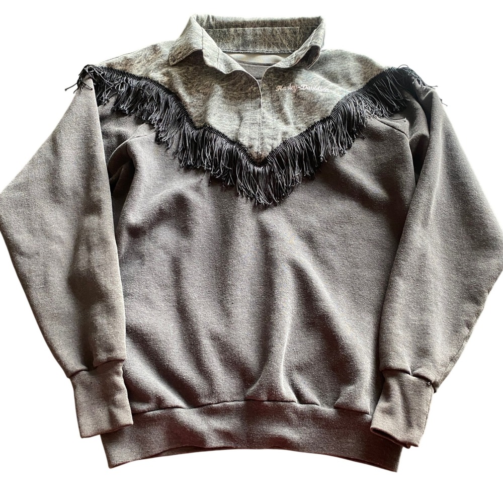 Vintage Harley Davidson Healthknit Fringe Western Sweatshirt Black Gray XL USA